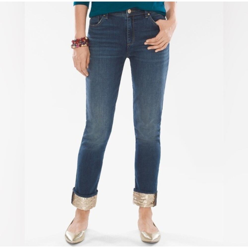 Chico’s Boyfriend Ankle Jeans 1.5P 10P Dark Wash Gold Sequin Cuff Denim Slimming